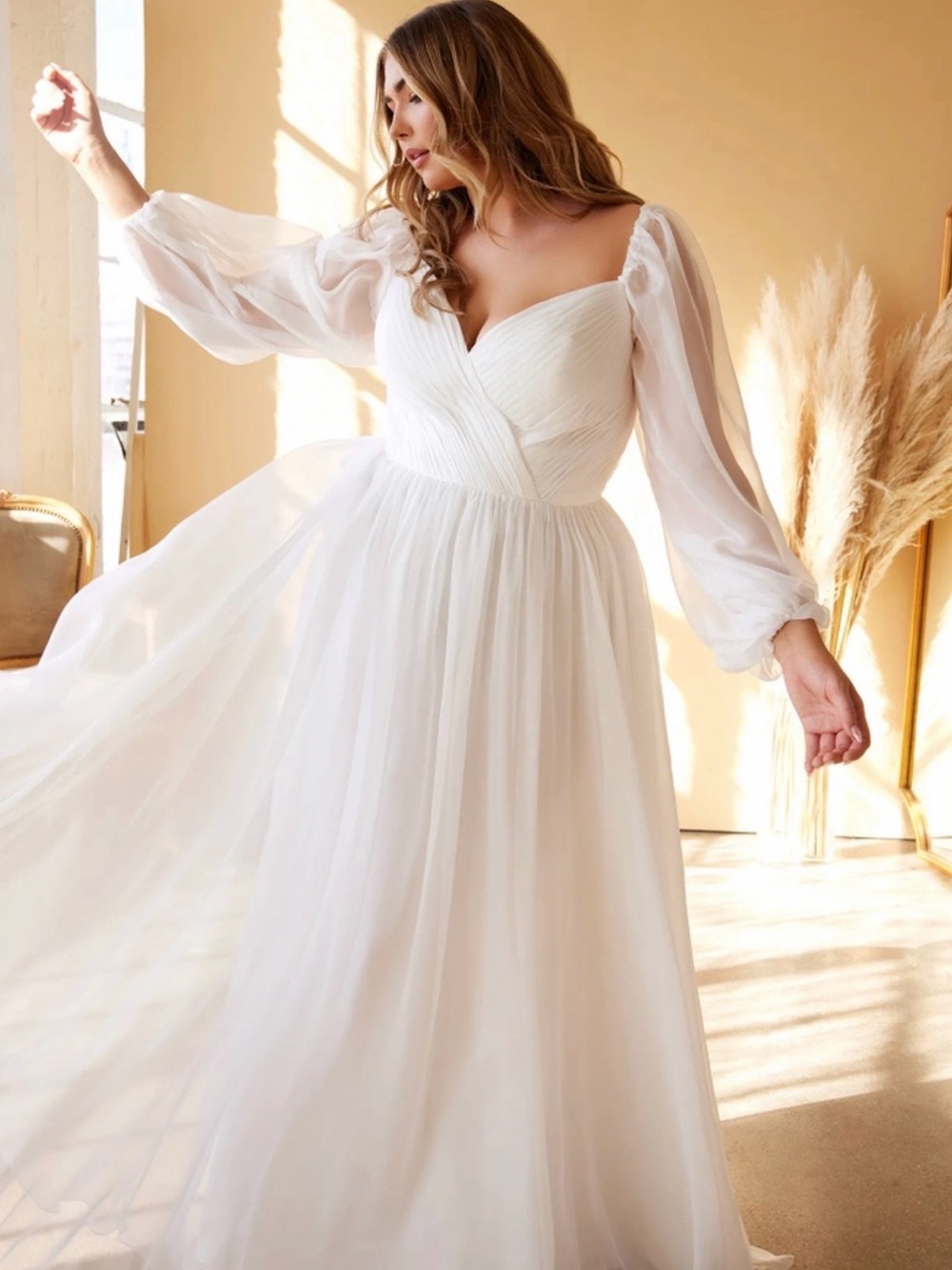 Elegant White Long Sleeve Chiffon Maxi Dress